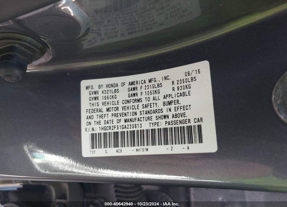 2016 HONDA ACCORD SPORT VIN: 1HGCR2F51GA235613
