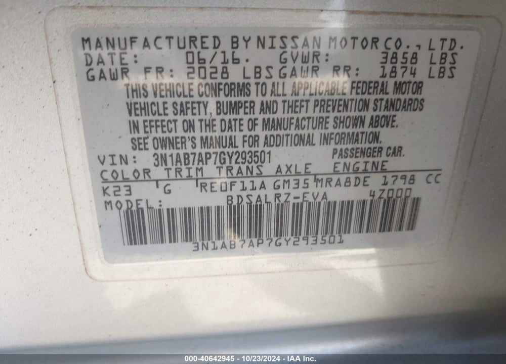 2016 NISSAN SENTRA SR VIN: 3N1AB7AP7GY293501