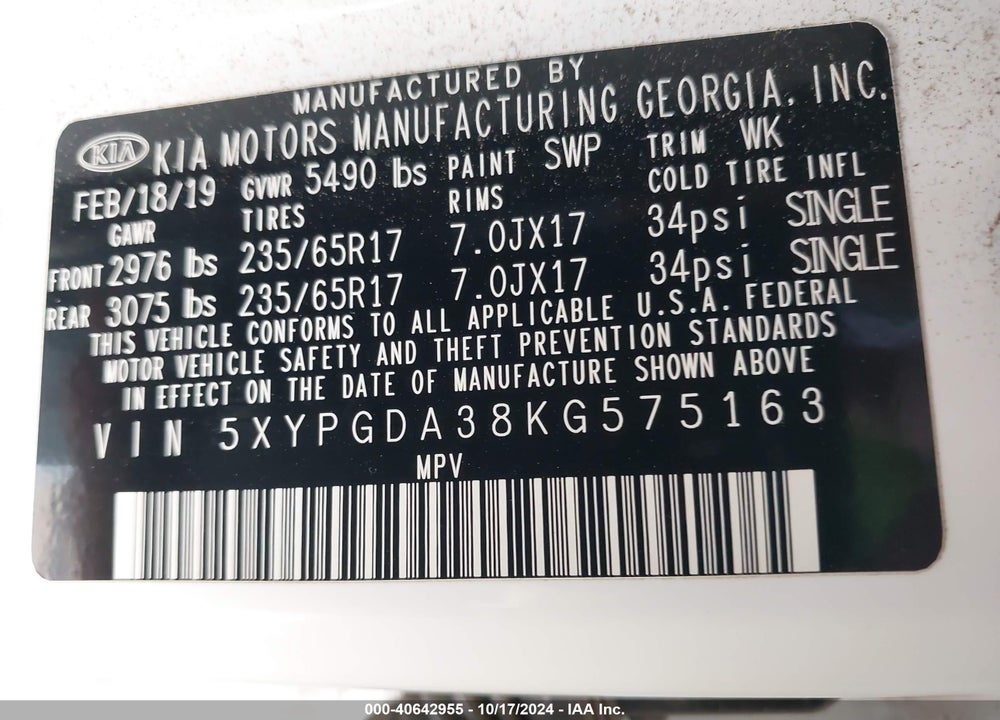 2019 KIA SORENTO 2.4L LX VIN: 5XYPGDA38KG575163