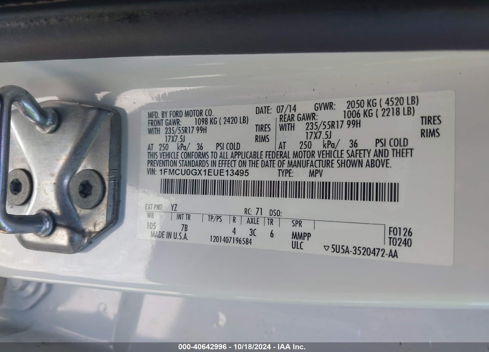 2014 FORD ESCAPE SE VIN: 1FMCU0GX1EUE13495