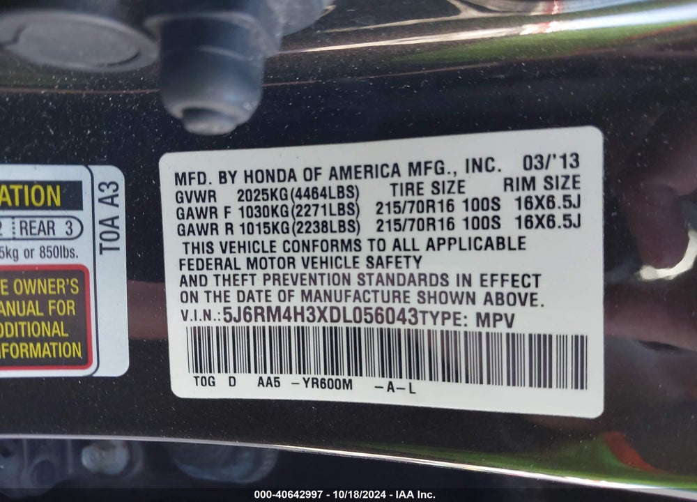 2013 HONDA CR-V LX VIN: 5J6RM4H3XDL056043