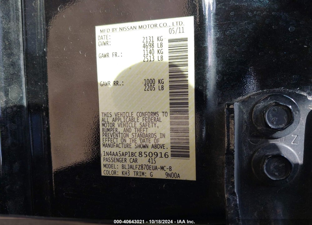 2011 NISSAN MAXIMA 3.5 SV VIN: 1N4AA5AP1BC850916