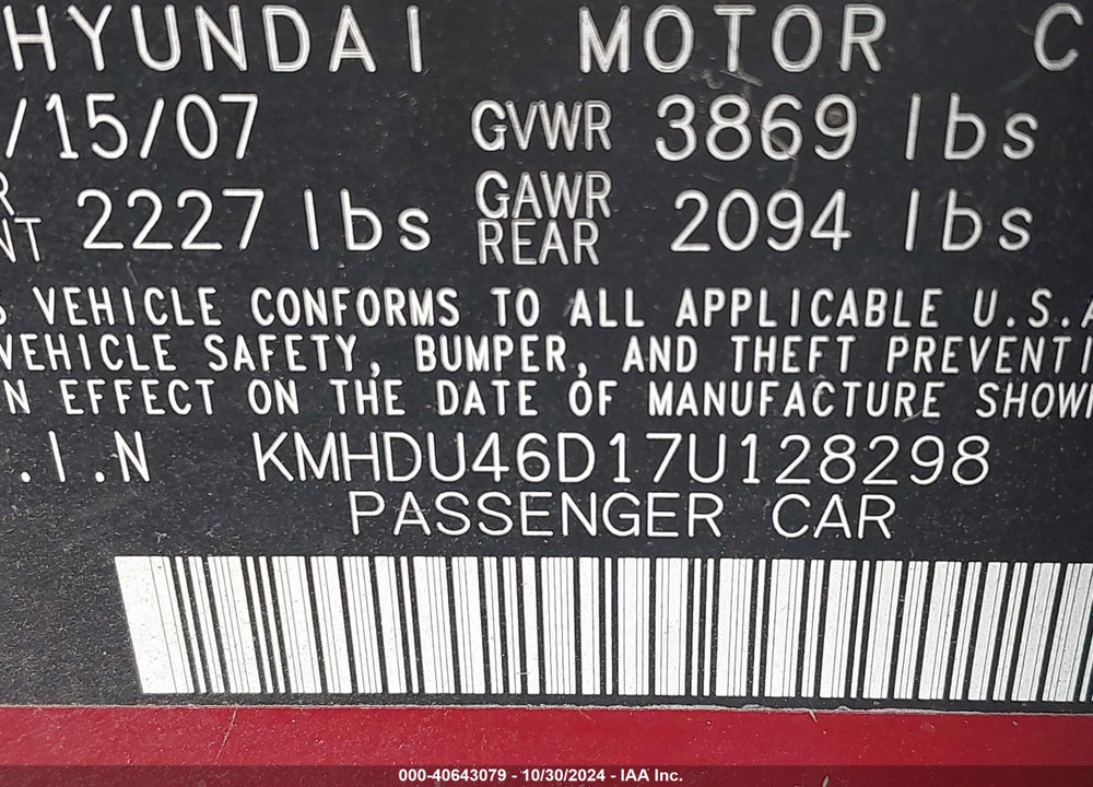 2007 HYUNDAI ELANTRA GLS/LIMITED/SE VIN: KMHDU46D17U128298
