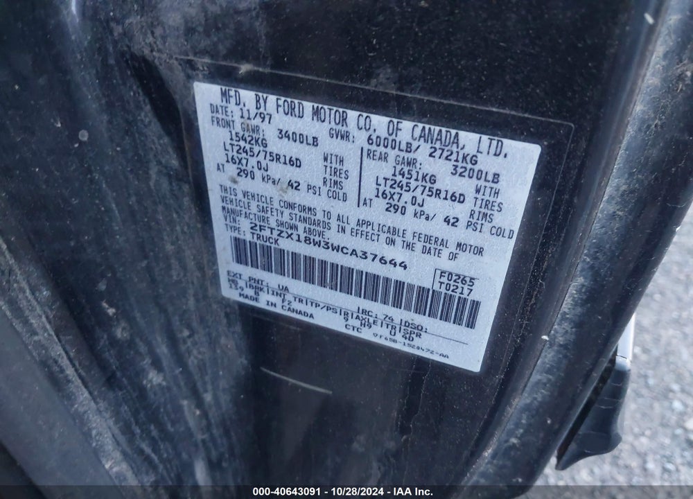1998 FORD F-150 VIN: 2FTZX18W3WCA37644