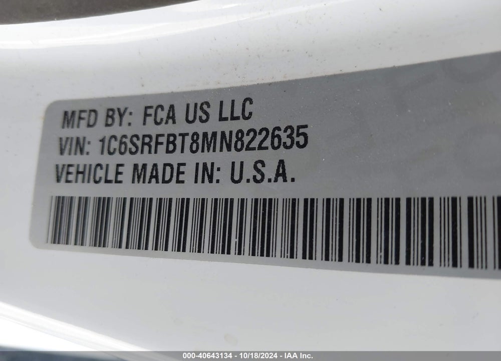 2021 RAM 1500 BIG HORN 4X4 6'4 BOX VIN: 1C6SRFBT8MN822635