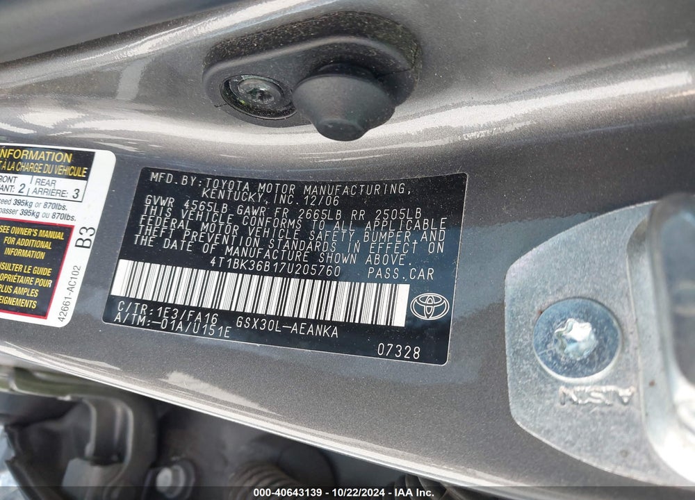 2007 TOYOTA AVALON XL VIN: 4T1BK36B17U205760