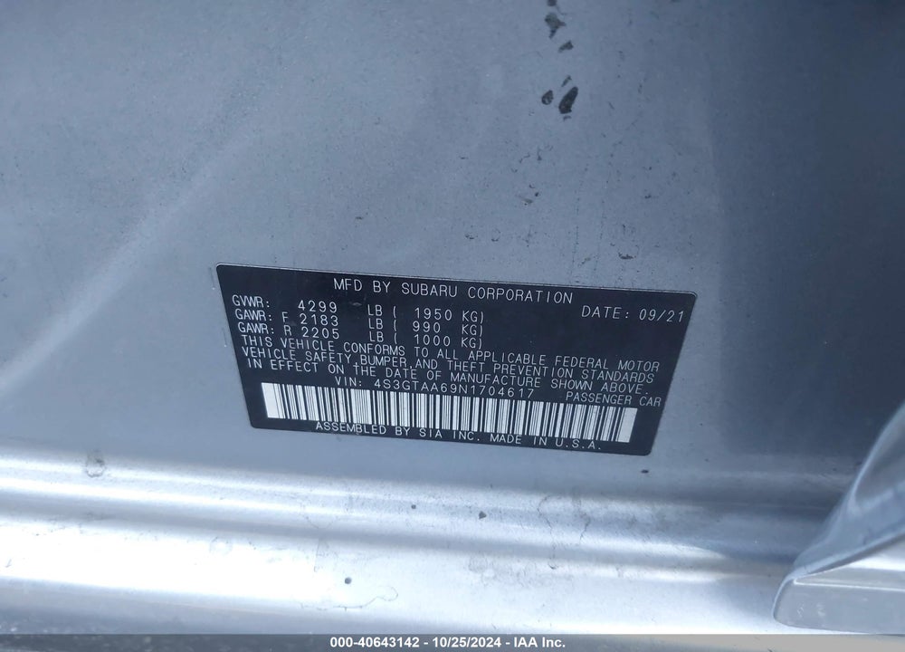 2022 SUBARU IMPREZA BASE 5-DOOR VIN: 4S3GTAA69N1704617
