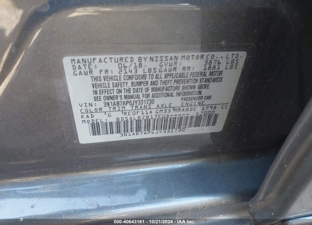 2018 NISSAN SENTRA S VIN: 3N1AB7AP6JY331730