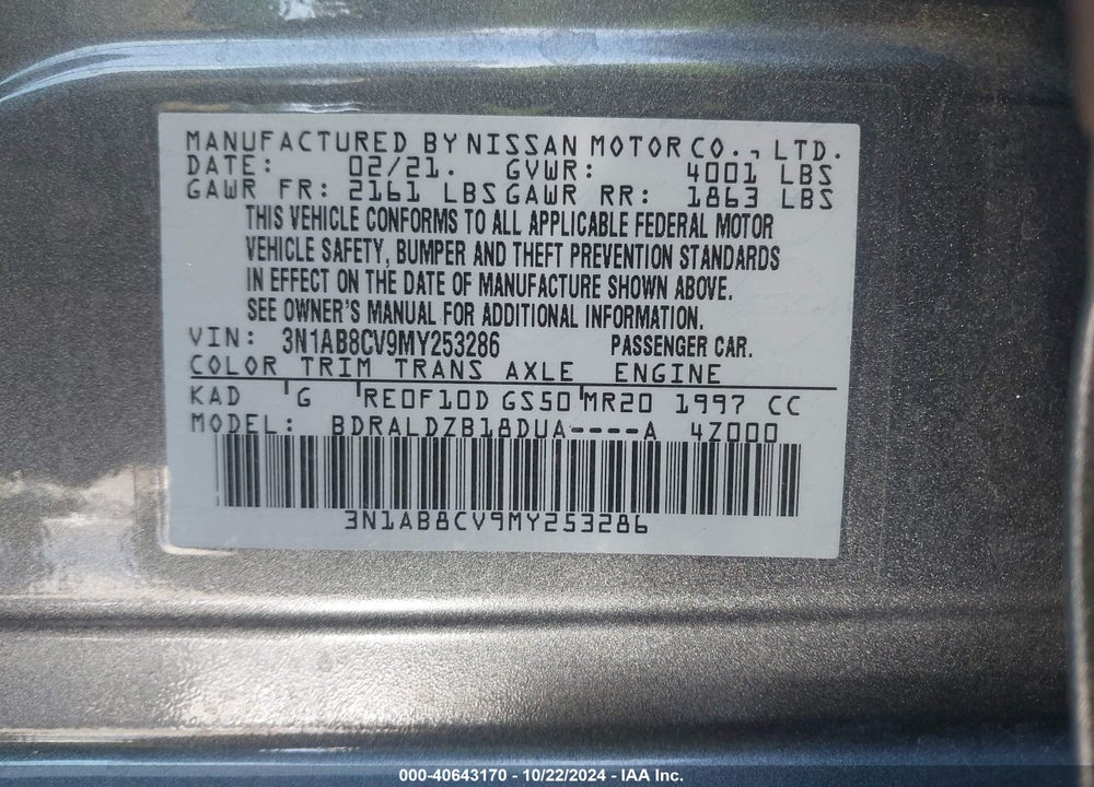 2021 NISSAN SENTRA SV XTRONIC CVT VIN: 3N1AB8CV9MY253286