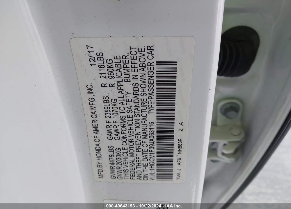 2018 HONDA ACCORD VIN: 1HGCV1F39JA063116