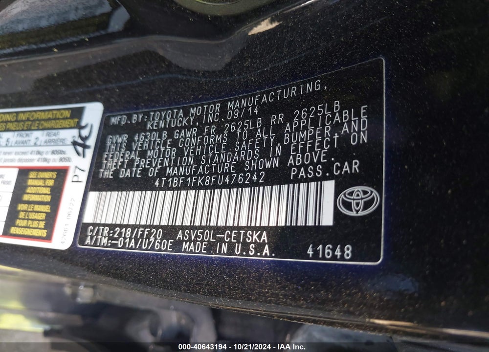 2015 TOYOTA CAMRY SE VIN: 4T1BF1FK8FU476242