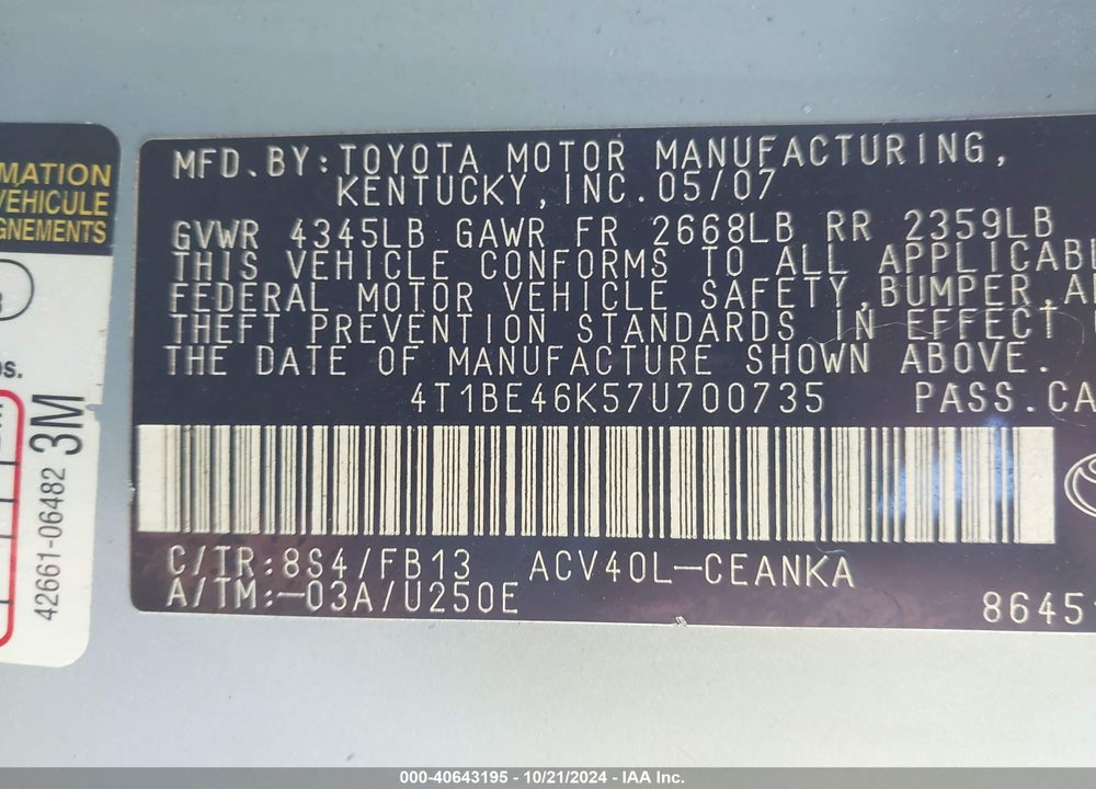 2007 TOYOTA CAMRY LE VIN: 4T1BE46K57U700735