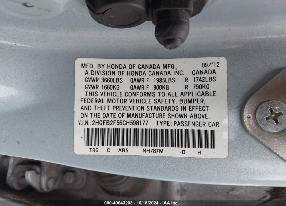 2012 HONDA CIVIC SDN LX VIN: 2HGFB2F56CH598177