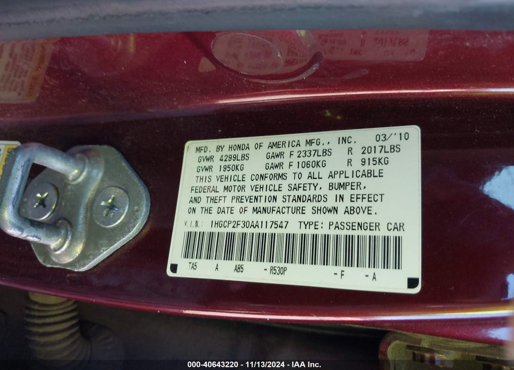 2010 HONDA ACCORD 2.4 LX VIN: 1HGCP2F30AA117547