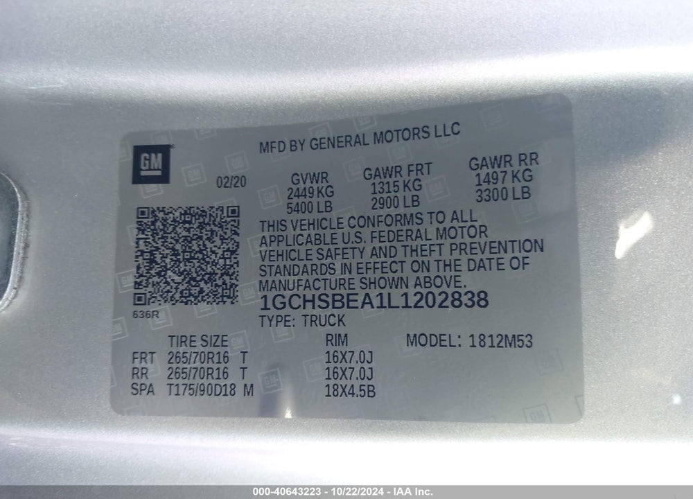 2020 CHEVROLET COLORADO 2WD LONG BOX WT VIN: 1GCHSBEA1L1202838