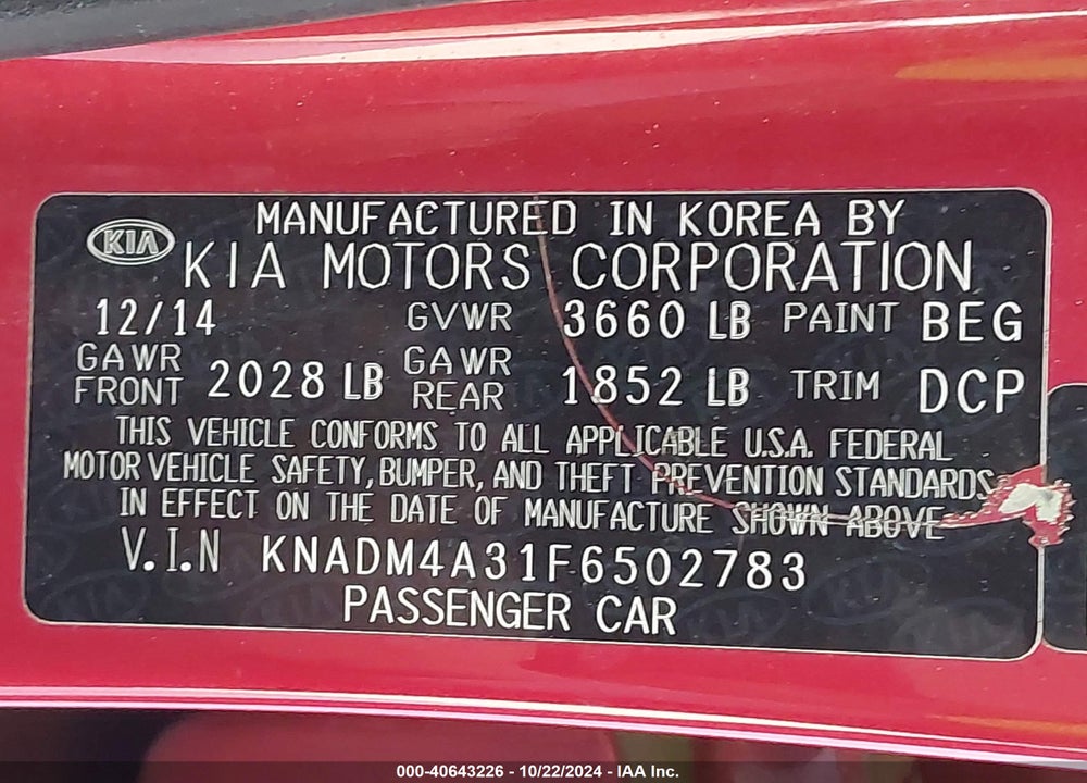 2015 KIA RIO LX VIN: KNADM4A31F6502783