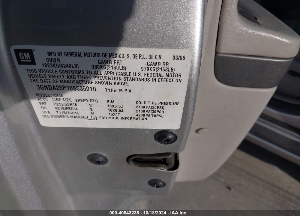 2006 CHEVROLET HHR LT VIN: 3GNDA23P76S635910