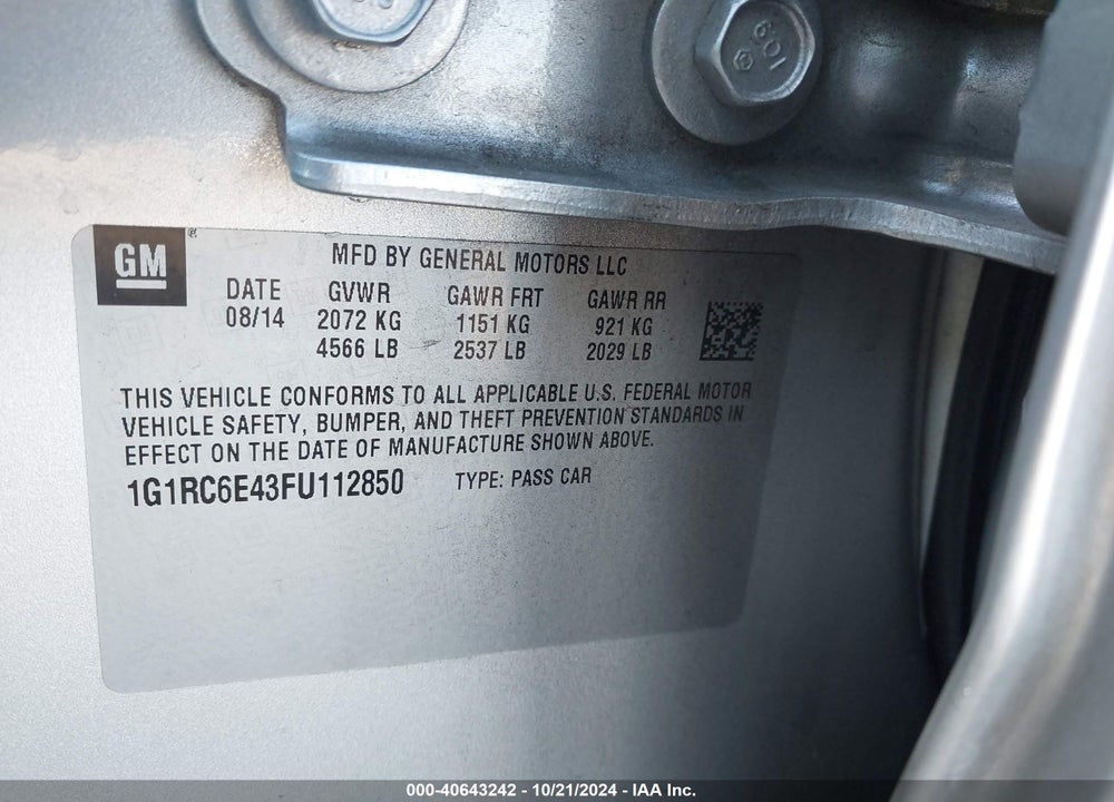 2015 CHEVROLET VOLT VIN: 1G1RC6E43FU112850