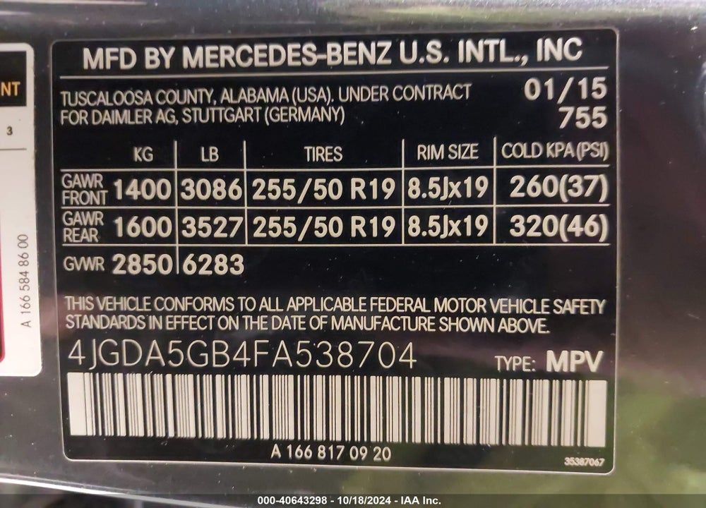 2015 MERCEDES-BENZ ML 400 4MATIC VIN: 4JGDA5GB4FA538704