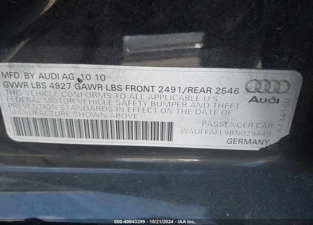 2011 AUDI A4 2.0T PREMIUM VIN: WAUFFAFL9BN029449