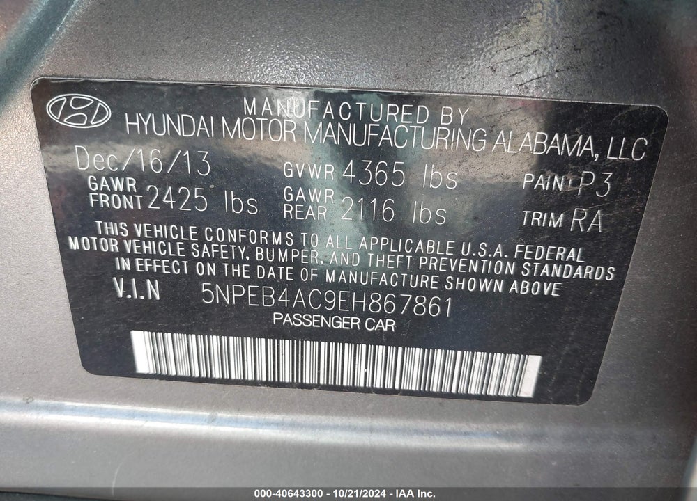 2014 HYUNDAI SONATA GLS VIN: 5NPEB4AC9EH867861