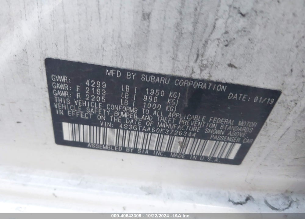2019 SUBARU IMPREZA 2.0I VIN: 4S3GTAA60K3726344
