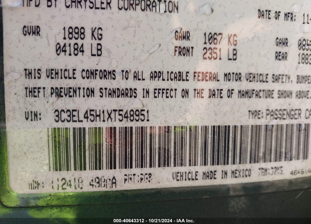 1999 CHRYSLER SEBRING JX VIN: 3C3EL45H1XT548951