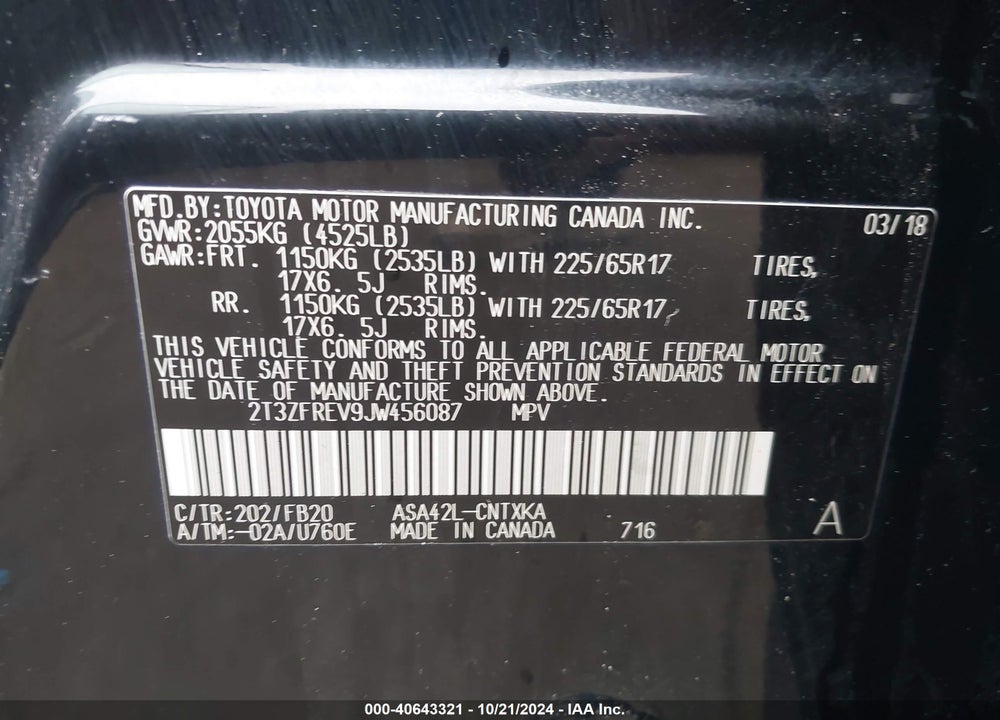2018 TOYOTA RAV4 LE VIN: 2T3ZFREV9JW456087