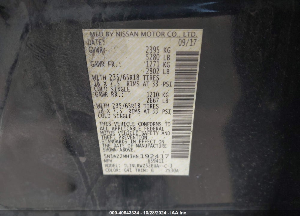 2017 NISSAN MURANO SL VIN: 5N1AZ2MH3HN192417