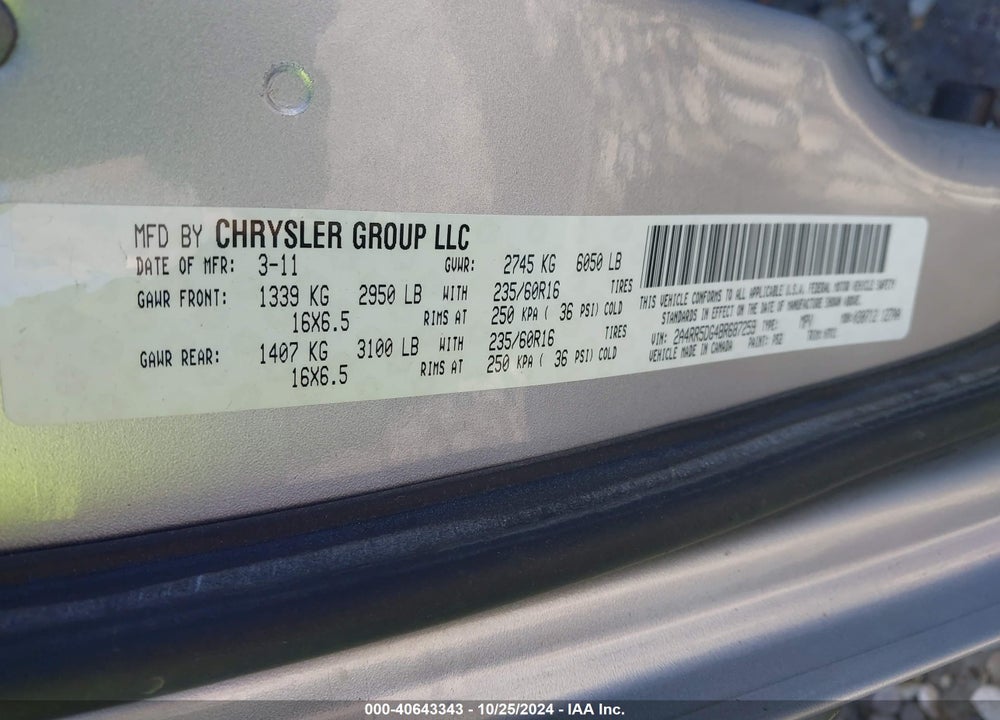 2011 CHRYSLER TOWN & COUNTRY TOURING VIN: 2A4RR5DG4BR687259