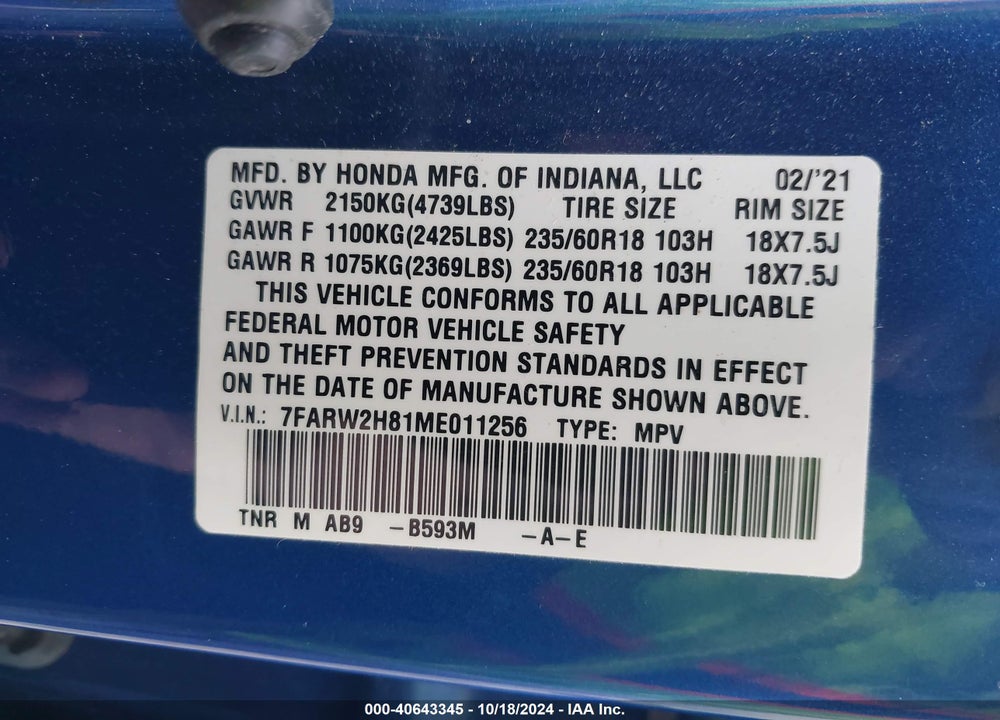 2021 HONDA CR-V AWD EX-L VIN: 7FARW2H81ME011256