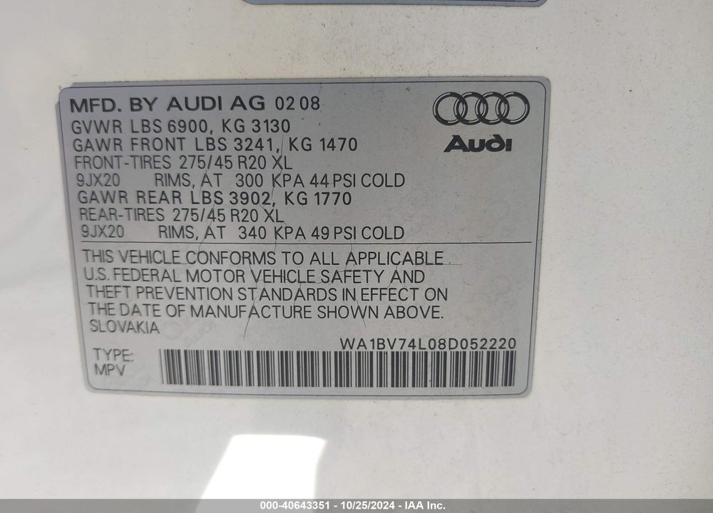 2008 AUDI Q7 4.2 PREMIUM VIN: WA1BV74L08D052220