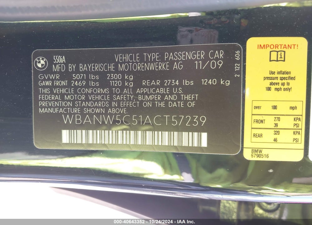 2010 BMW 550I VIN: WBANW5C51ACT57239