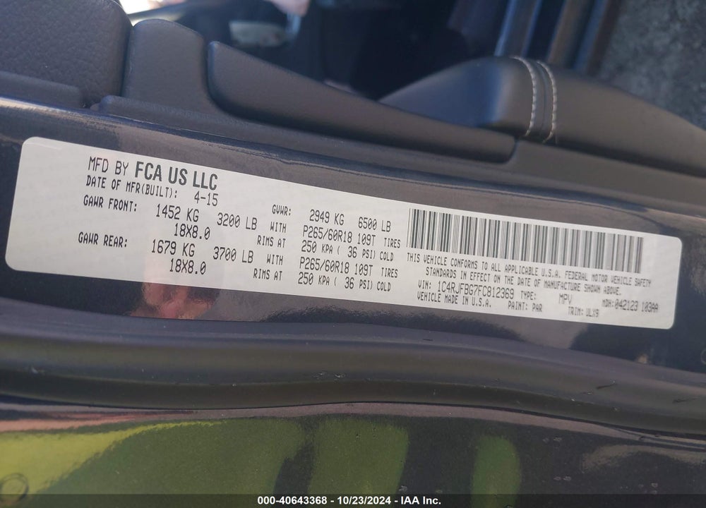 2015 JEEP GRAND CHEROKEE LIMITED VIN: 1C4RJFBG7FC812369
