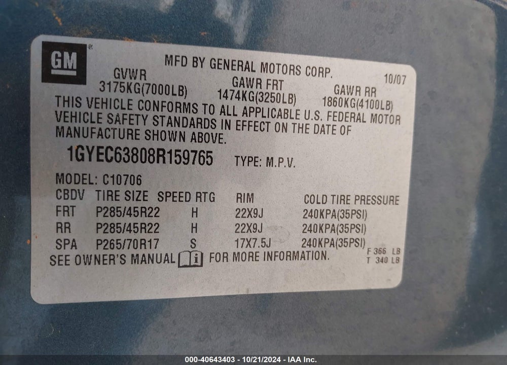 2008 CADILLAC ESCALADE STANDARD VIN: 1GYEC63808R159765