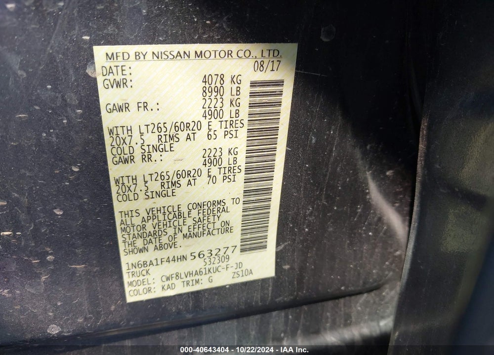 2017 NISSAN TITAN XD SL DIESEL VIN: 1N6BA1F44HN563277