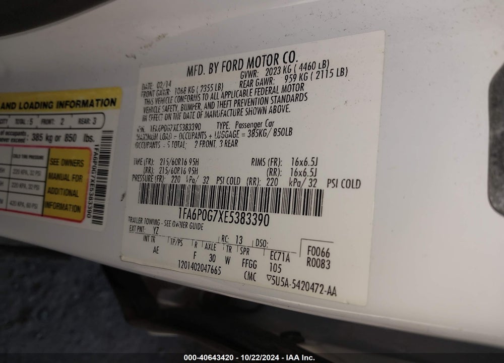2014 FORD FUSION S VIN: 1FA6P0G7XE5383390