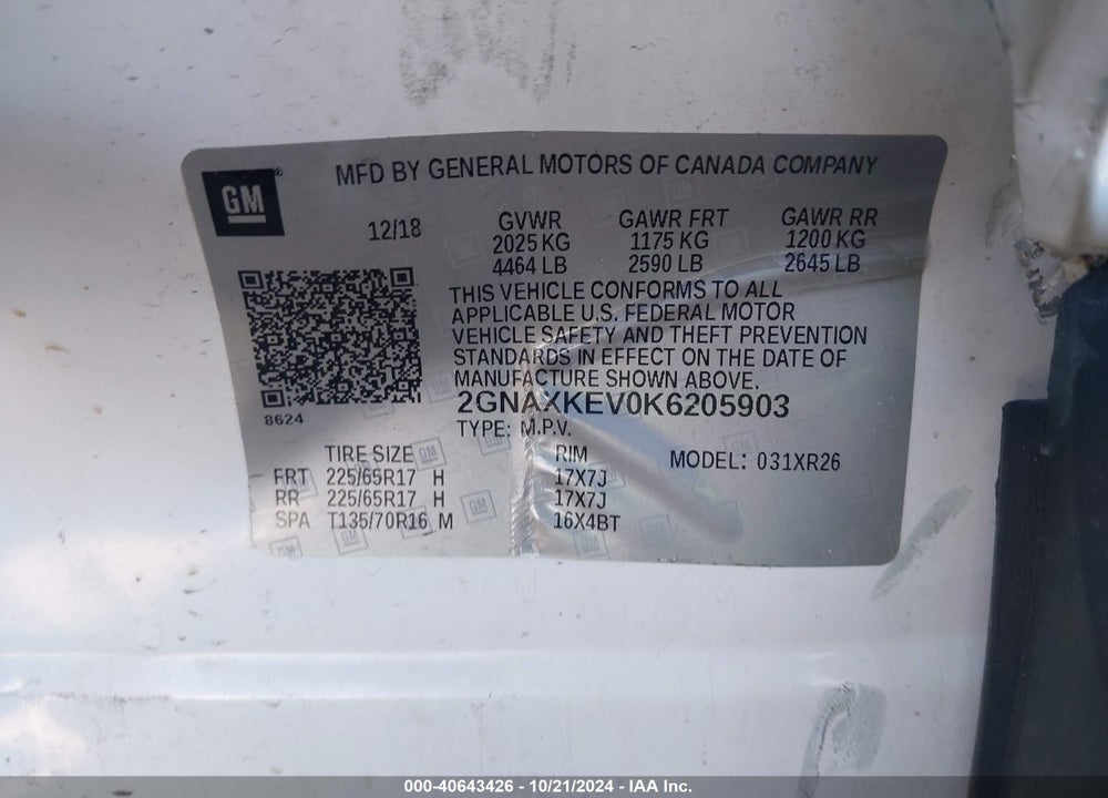 2019 CHEVROLET EQUINOX LT VIN: 2GNAXKEV0K6205903