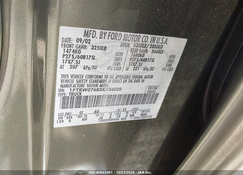 2003 FORD F-150 LARIAT/XLT VIN: 1FTRW07683KA56020