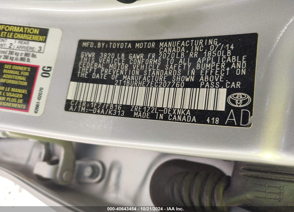 2014 TOYOTA COROLLA LE VIN: 2T1BURHE7EC207760