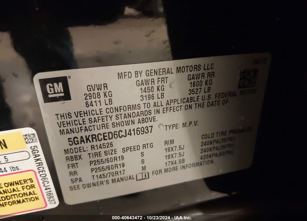 2012 BUICK ENCLAVE LEATHER VIN: 5GAKRCED6CJ416937