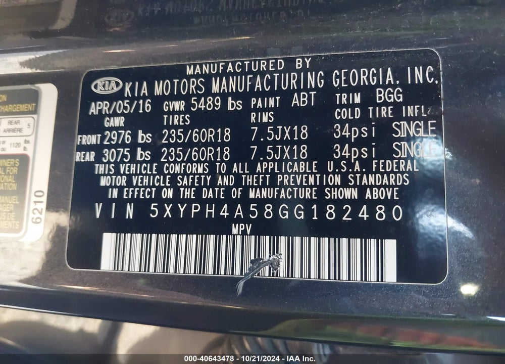 2016 KIA SORENTO 3.3L EX VIN: 5XYPH4A58GG182480