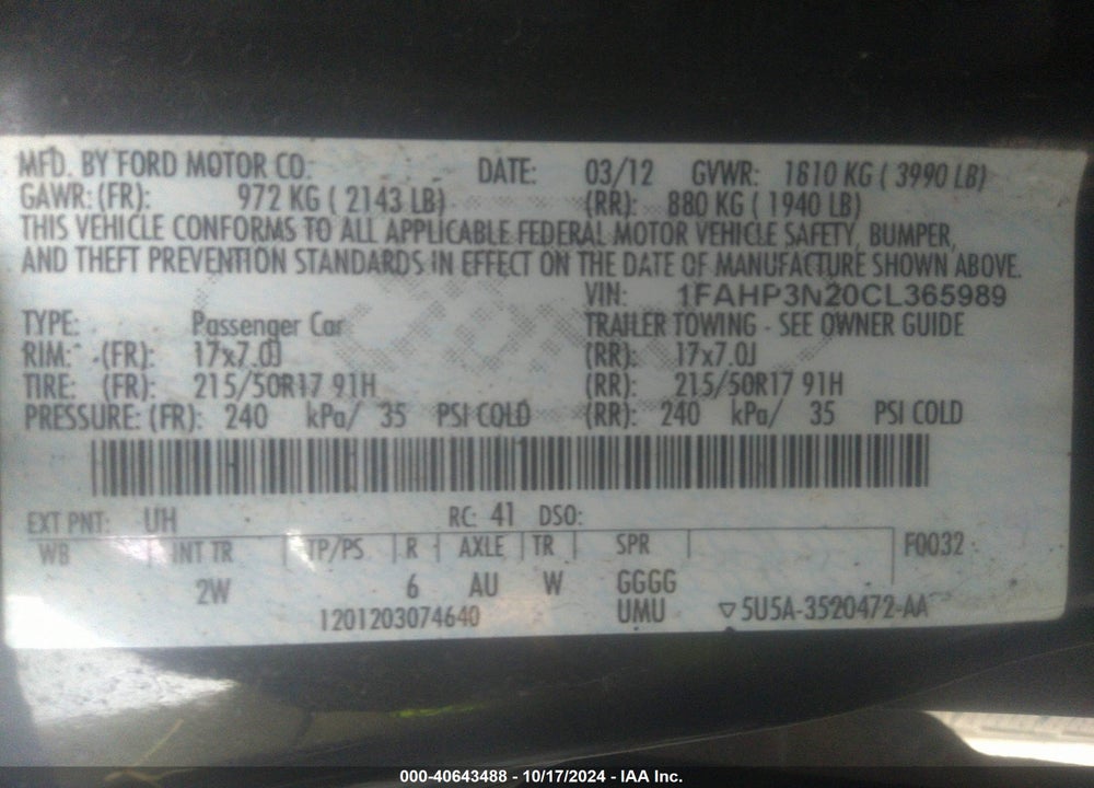 2012 FORD FOCUS TITANIUM VIN: 1FAHP3N20CL365989