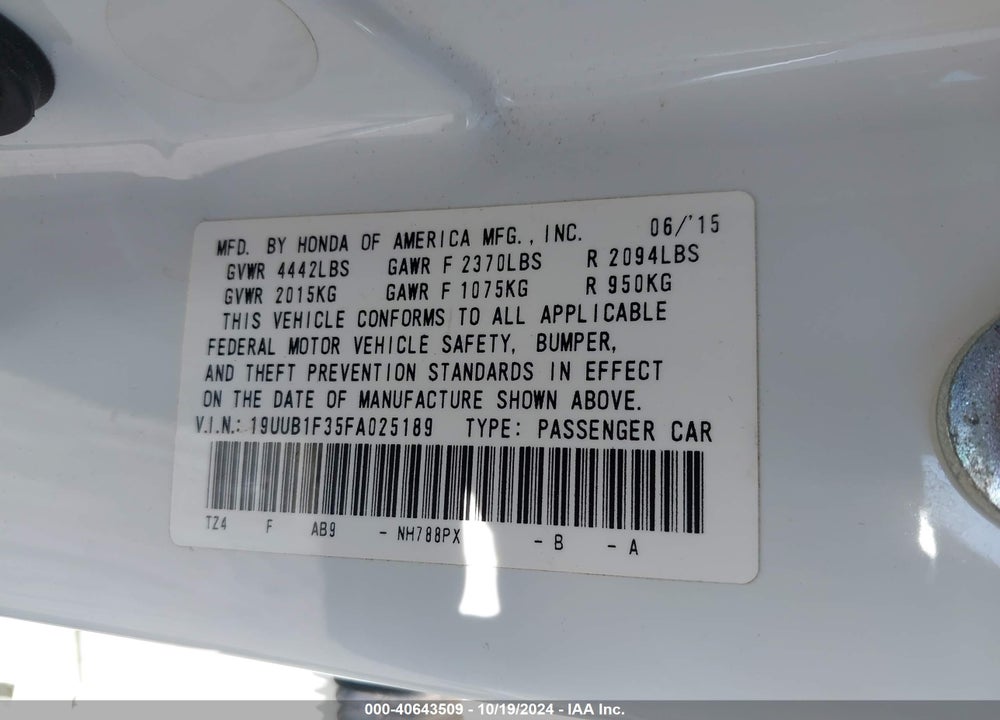 2015 ACURA TLX VIN: 19UUB1F35FA025189