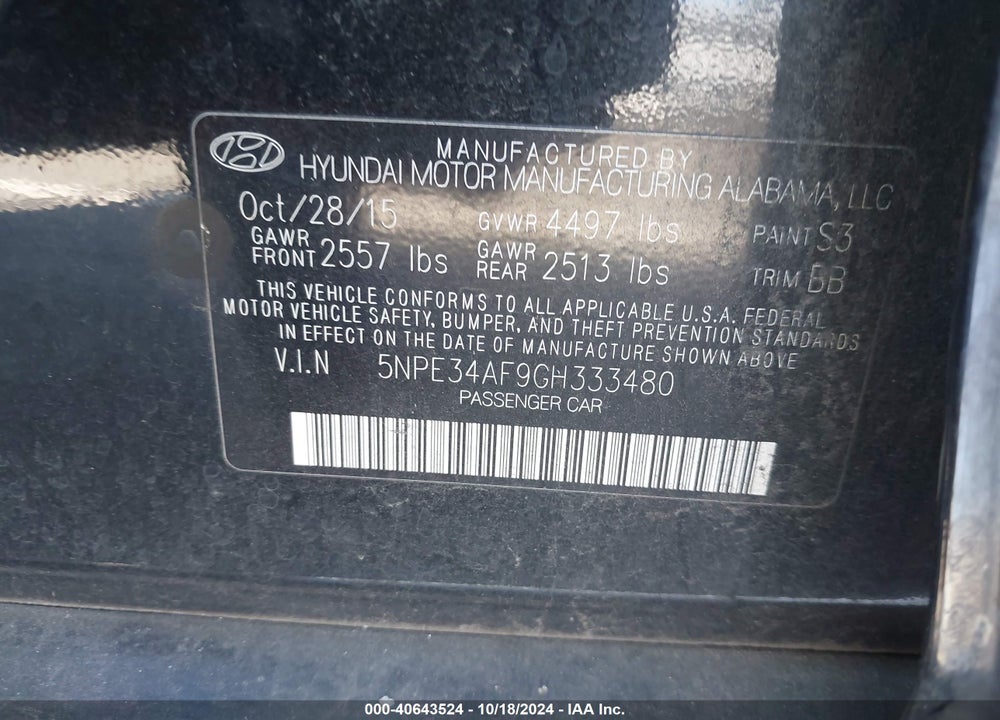 2016 HYUNDAI SONATA SPORT VIN: 5NPE34AF9GH333480