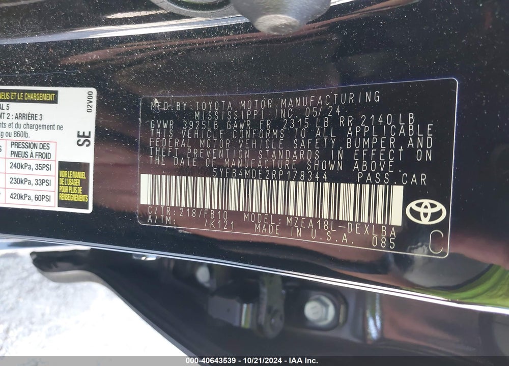 2024 TOYOTA COROLLA LE VIN: 5YFB4MDE2RP178344