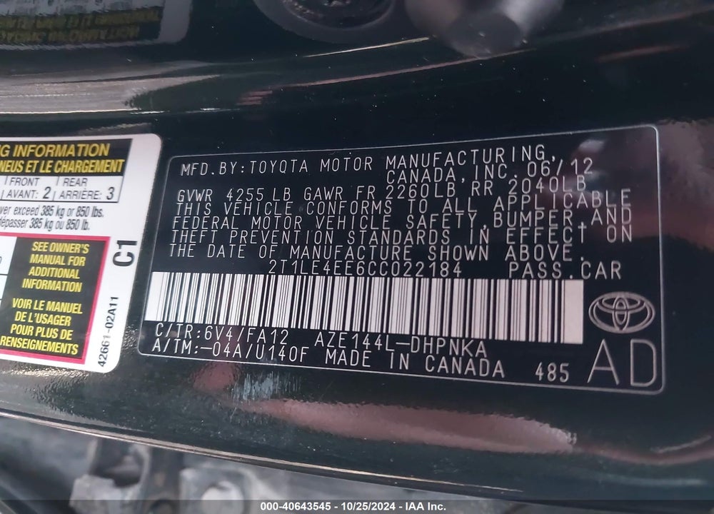 2012 TOYOTA MATRIX VIN: 2T1LE4EE6CC022184