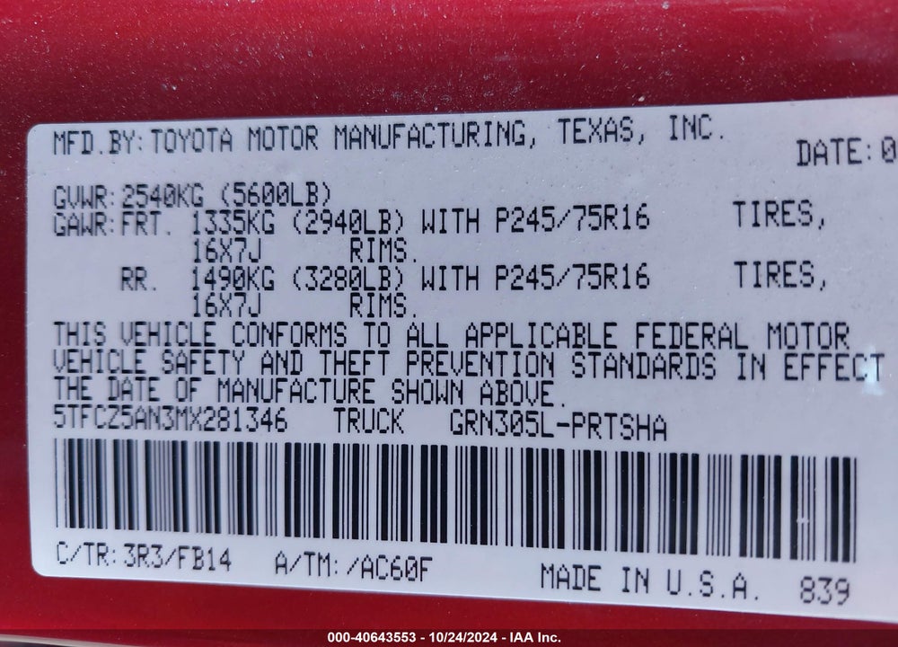 2021 TOYOTA TACOMA SR V6 VIN: 5TFCZ5AN3MX281346
