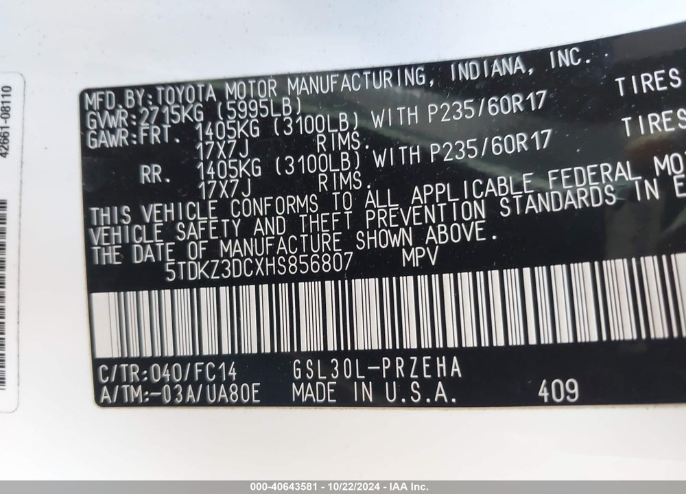 2017 TOYOTA SIENNA LE 8 PASSENGER VIN: 5TDKZ3DCXHS856807