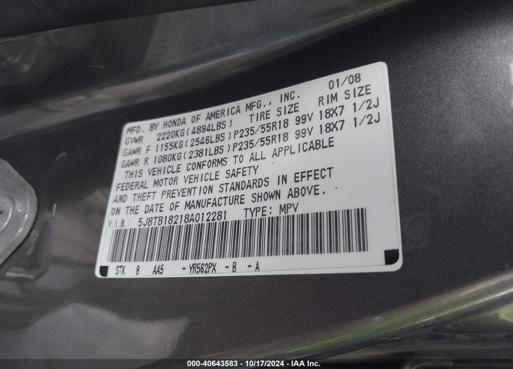2008 ACURA RDX BASE (A5) VIN: 5J8TB18218A012281
